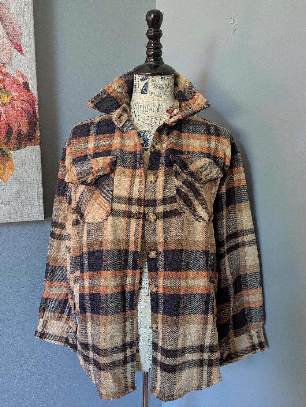 Plaid Button-Up Jacket Coat - Beige Navy Rust